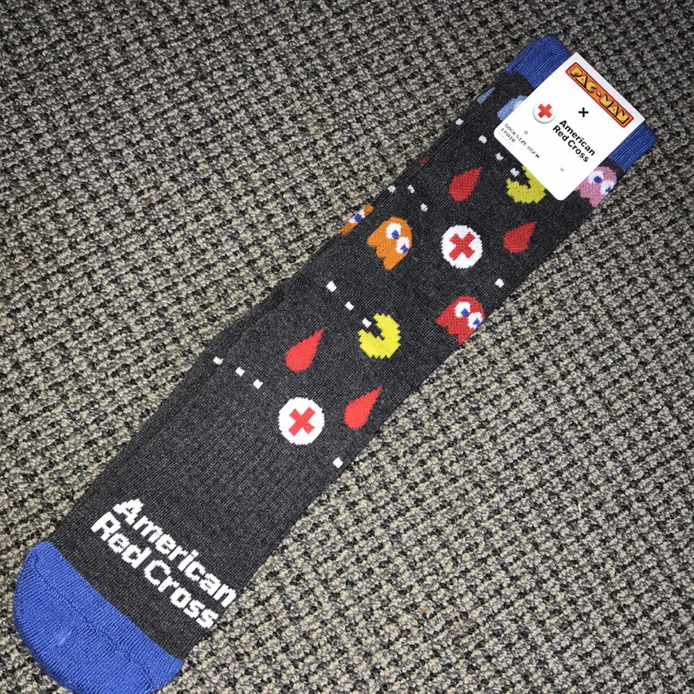American Red Cross Black Pac-Man Crew Socks with Blue Accents